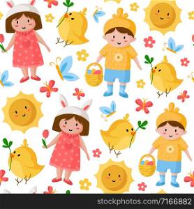 Easter Day - seamless pattern with cartoon kids - boy, girl, easter chicken, spring flowers on white, holiday background or endless texture for textile, fabric, wrapping or scrapbooking paper - vector. cartoon easter day seamless pattern