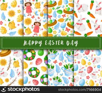 Easter Day - seamless pattern with cartoon kids - boy, girl, easter chicken, rabbit, flowers on white, background or endless texture for textile, fabric, wrapping or scrapbooking paper - vector. cartoon easter day seamless pattern