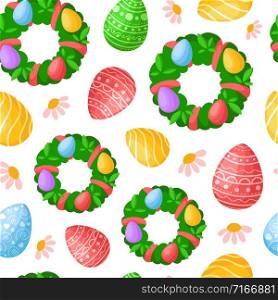 Easter Day - seamless pattern with easter eggs and floral holiday wreathes and flowers on white, decorative background or endless texture for textile, fabric, wrapping or scrapbooking paper - vector. cartoon easter day seamless pattern