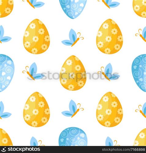 Easter Day - seamless pattern with easter eggs, butterfly on white background, background or endless texture for textile decoration, ideal for fabric print, wrapping or scrapbooking paper - vector. cartoon easter day seamless pattern