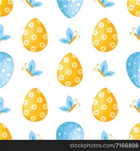Easter Day - seamless pattern with easter eggs, butterfly on white background, background or endless texture for textile decoration, ideal for fabric print, wrapping or scrapbooking paper - vector. cartoon easter day seamless pattern