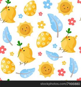 Easter Day - seamless pattern with easter eggs, chicken, feathers, smilling sun, flowers on white, holiday background or endless texture for textile, fabric, wrapping or scrapbooking paper - vector. cartoon easter day seamless pattern
