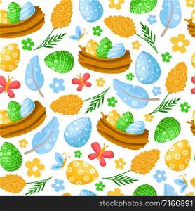 Easter Day - seamless pattern with easter eggs, feathers, mimosa flower, nest and butterfly on white, background or endless texture for textile, fabric, wrapping or scrapbooking paper - vector. cartoon easter day seamless pattern