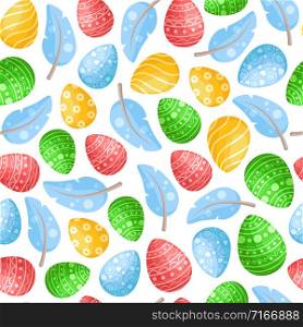 Easter Day - seamless pattern with easter eggs, feathers on white background, colorful background or endless texture for textile decoration, ideal for fabric, wrapping, scrapbooking paper - vector. cartoon easter day seamless pattern