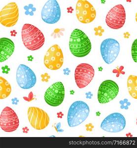 Easter Day - seamless pattern with easter eggs, flowers on white background, colorful background or endless texture for textile decoration, ideal for fabric, wrapping, scrapbooking paper - vector. cartoon easter day seamless pattern