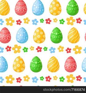 Easter Day - seamless pattern with easter eggs, flowers on white background, colorful background or endless texture for textile decoration, ideal for fabric, wrapping, scrapbooking paper - vector. cartoon easter day seamless pattern