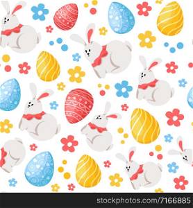 Easter Day - seamless pattern with easter eggs, funny cartoon rabbit and flowers on white, holiday background or endless texture for textile, fabric, wrapping or scrapbooking paper - vector pattern. cartoon easter day seamless pattern