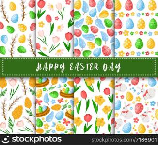 Easter Day - seamless pattern with easter eggs, spring flowers, willows, feathers on white background, background or endless texture for textile, fabric, wrapping, scrapbooking paper - vector. cartoon easter day seamless pattern