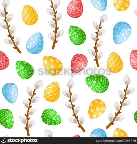 Easter Day - seamless pattern with easter eggs, willows on white background, colorful background or endless texture for textile decoration, ideal for fabric, wrapping, scrapbooking paper - vector. cartoon easter day seamless pattern