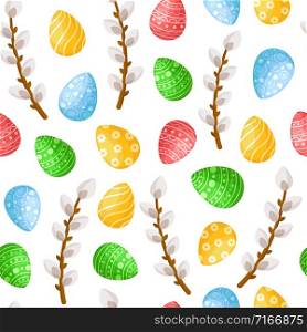 Easter Day - seamless pattern with easter eggs, willows on white background, colorful background or endless texture for textile decoration, ideal for fabric, wrapping, scrapbooking paper - vector. cartoon easter day seamless pattern