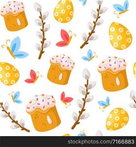 Easter Day - seamless pattern with easter sweet cake, bakery, willow, butterfly and flowers on white, holiday background or endless texture for textile, fabric, wrapping or scrapbooking paper - vector. cartoon easter day seamless pattern