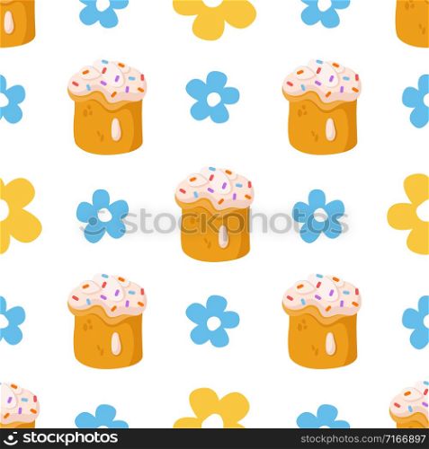 Easter Day - seamless pattern with easter sweet cake or bakery and flowers on white, holiday background or endless texture for textile, fabric, wrapping or scrapbooking paper - vector. cartoon easter day seamless pattern