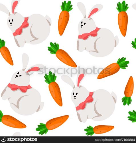 Easter Day - seamless pattern with funny cartoon rabbit, happy easter bunny, carrots on white, holiday background or endless texture for textile, fabric, wrapping or scrapbooking paper vector pattern. cartoon easter day seamless pattern