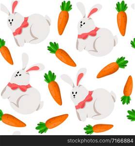 Easter Day - seamless pattern with funny cartoon rabbit, happy easter bunny, carrots on white, holiday background or endless texture for textile, fabric, wrapping or scrapbooking paper vector pattern. cartoon easter day seamless pattern