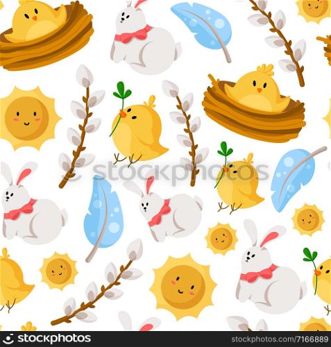 Easter Day - seamless pattern with rabbit, chicken, feathers, sun, willow branches on white, holiday background or endless texture for textile, fabric, wrapping or scrapbooking paper - vector. cartoon easter day seamless pattern