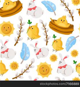 Easter Day - seamless pattern with rabbit, chicken, feathers, sun, willow branches on white, holiday background or endless texture for textile, fabric, wrapping or scrapbooking paper - vector. cartoon easter day seamless pattern