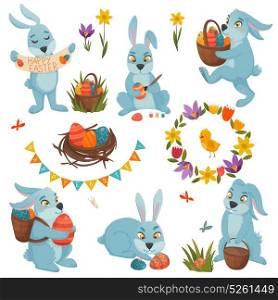Easter Decorations Big Set. Easter big set of isolated cartoon bunny characters with easter eggs nest chicken and flowers images vector illustration