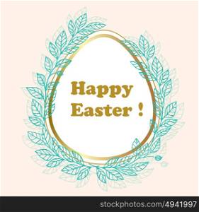 Easter decorative background with egg and green leaves. Greeting card design.