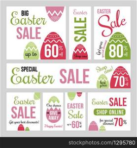 Easter design elements and Easter Sale Badges and Labels in flat colorful style. Vector Illustrations of eggs, discounts, sale label for spring shopping and web sales. Easter design elements and Easter Sale Badges and Labels in flat colorful style. Vector Illustrations of eggs, discounts, sale labels, percents off, give away, shop now with spring colors