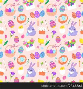 Easter doodles seamless pattern with bunny, painted egg and flowers. Cute chicks, eggs in basket, blossoms, spring holiday vector texture. Festive objects, adorable animals flat fabric. Easter doodles seamless pattern with bunny, painted egg and flowers. Cute chicks, eggs in basket, blossoms, spring holiday vector texture
