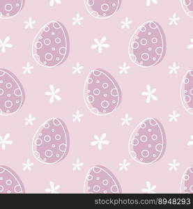 Easter dotted eggs and flowers seamless pattern on pink background. Hand drawn doodle vector illustration.