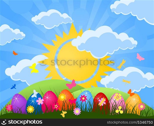 Easter. Easter eggs lay in a grass on the nature. A vector illustration