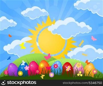Easter. Easter eggs lay in a grass on the nature. A vector illustration