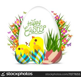 Easter egg and chicken poster with label. Springtime flowers