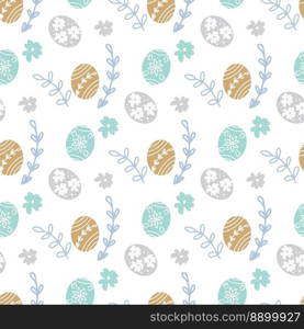 Easter egg and herbs seamless pattern. Spring holiday background with flowers, eggs and foliage for print, fabric, paper, gift wrap, wallpaper. Flat design, vector illustration. Easter egg and herbs seamless pattern Flat design