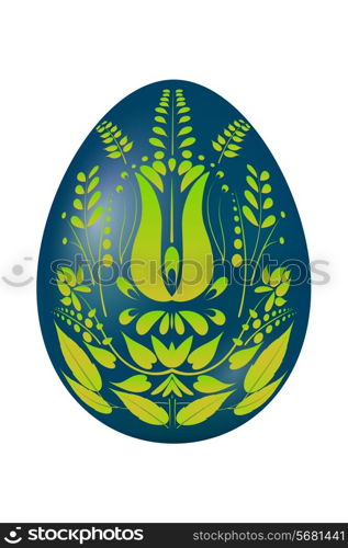 Easter egg blue with yellow green floral designs. Vector illustration.