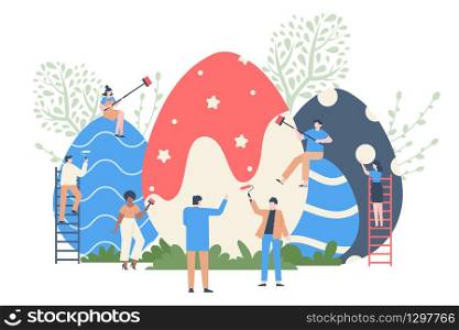 Easter egg colouring. Spring event eggs decorating, characters paint huge easter eggs, spring holiday colorful chocolate egg vector illustration. Easter spring event, egg decoration for holiday. Easter egg colouring. Spring event eggs decorating, characters paint huge easter eggs, spring holiday colorful chocolate egg vector illustration