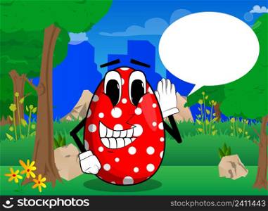 Easter Egg holds hand at his ear, listening. Cartoon character with funny face for the Easter holiday.