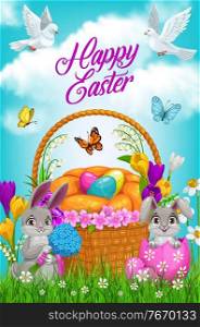 Easter egg hunt basket and bunnies vector design. Easter religion holiday rabbits with eggs, cake and spring flowers on green grass field with daffodils, crocuses, flying butterflies and white doves. Easter egg hunt basket, bunnies and flowers