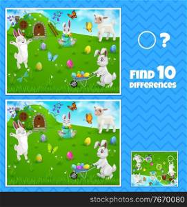 Easter egg hunt bunnies kids game of find ten differences, vector children education. Worksheet template of memory and logic puzzle with cartoon Easter eggs, rabbits, butterflies and lamb. Easter egg hunt bunnies kids game, find difference
