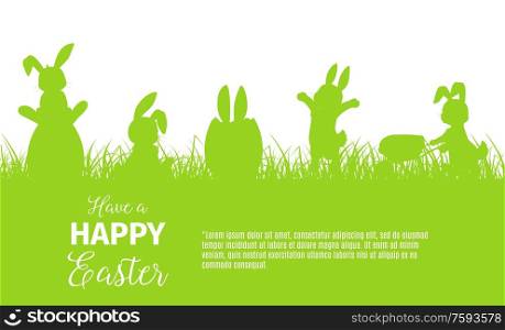 Easter egg hunt bunny or rabbit vector silhouettes of religion holiday design. Hare animals hunting for Easter eggs in spring green grass with basket and wheelbarrow, egghunting party invitation. Easter holiday bunnies or rabbits hunting for eggs