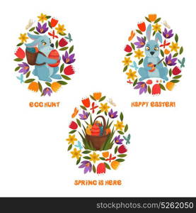 Easter Egg Hunt Spring Flowers Composition . Easter celebration 3 stylish colorful icons composition with eggs hunt and spring flowers abstract isolated vector illustration