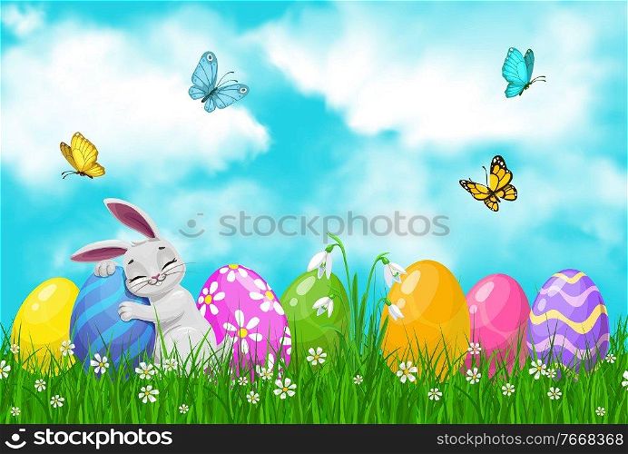 Easter egg hunt vector bunny or rabbit with eggs on spring grass field with green blades and blooming flowers, flying butterflies and blue sky. Religion holiday and Resurrection Sunday greeting card. Easter egg hunt bunny or rabbit on spring grass