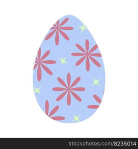 Easter egg in trendy blue with pattern of abstract stars and flowers. Happy Easter. Holiday. Sticker. icon. Isolate. Design for poster, banner, brochures or greeting, price tag, label or booklet. EPS