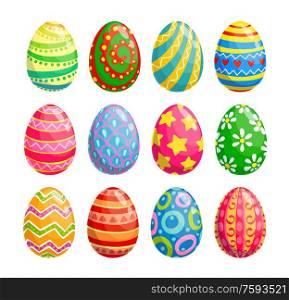 Easter egg isolated icons of religion holiday and egghunting vector design. Spring season painted eggs, decorated with colorful pattern of flower, stars and hearts, ornaments of stripes and dots. Easter egg icons, religion holiday and egghunting