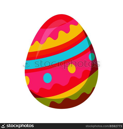 Easter egg isolated on white background. Holiday mascot oval shaped, ornamental zigzag lines with colorful circle dots. Vector illustration of chocolate sweet candy in cartoon style flat design. Easter Egg with Zigzag Colorful Lines Vector