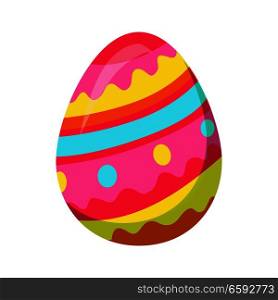 Easter egg isolated on white background. Holiday mascot oval shaped, ornamental zigzag lines with colorful circle dots. Vector illustration of chocolate sweet candy in cartoon style flat design. Easter Egg with Zigzag Colorful Lines Vector