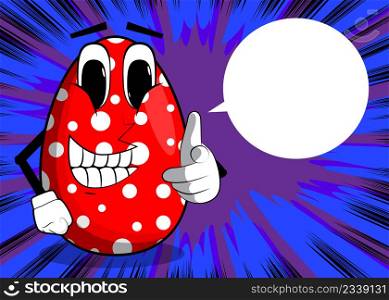 Easter Egg pointing at the viewer with his hand. Cartoon character with funny face for the Easter holiday.