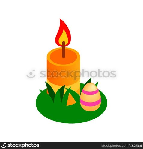 Easter egg with a candle on a green grass isometric 3d icon on a white background. Easter egg with a candle on a green grass icon