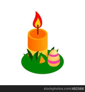 Easter egg with a candle on a green grass isometric 3d icon on a white background. Easter egg with a candle on a green grass icon