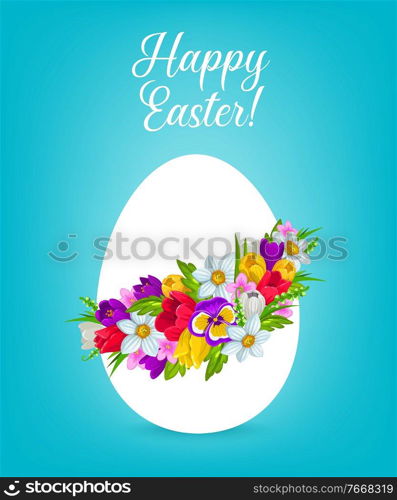 Easter egg with flower wreath vector greeting card. Easter egg, decorated with spring flowers and green grass, floral garland of blooming daffodils, pansies, tulips and crocuses, Resurrection Sunday. Easter egg with flower wreath and green grass