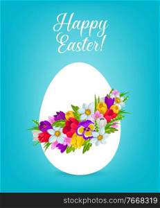 Easter egg with flower wreath vector greeting card. Easter egg, decorated with spring flowers and green grass, floral garland of blooming daffodils, pansies, tulips and crocuses, Resurrection Sunday. Easter egg with flower wreath and green grass