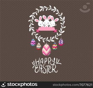 easter eggs and bunny wreaths label greeting card