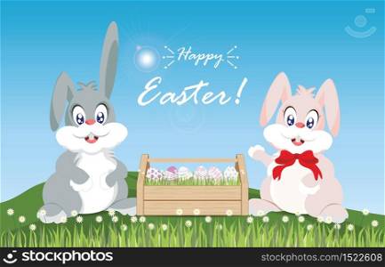 Easter eggs and easter bunny for decoration on fresh green grass against blue sky, Conceptual for Happy Easter ,vector illustration.