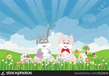Easter eggs and easter bunny for decoration on fresh green grass against blue sky, Conceptual for Happy Easter ,vector illustration.