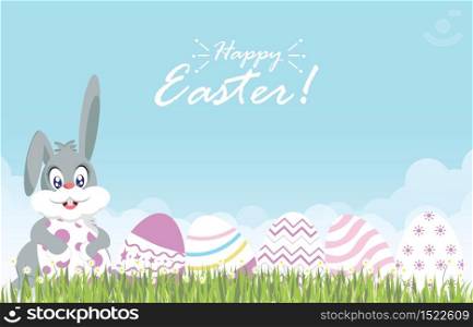 Easter eggs and easter bunny for decoration on fresh green grass and daisies flower, Conceptual for Happy Easter ,vector illustration.